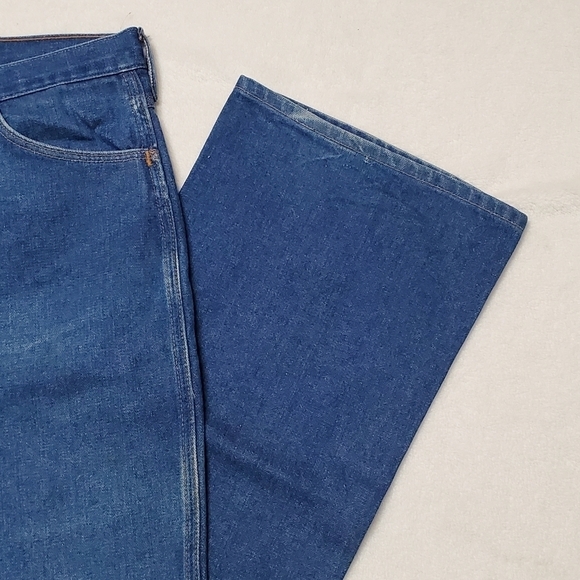 Vintage 1970s Wrangler Unisex Extra High Rise Boot Cut Dark Wash Jeans 945DEN - Picture 5 of 11